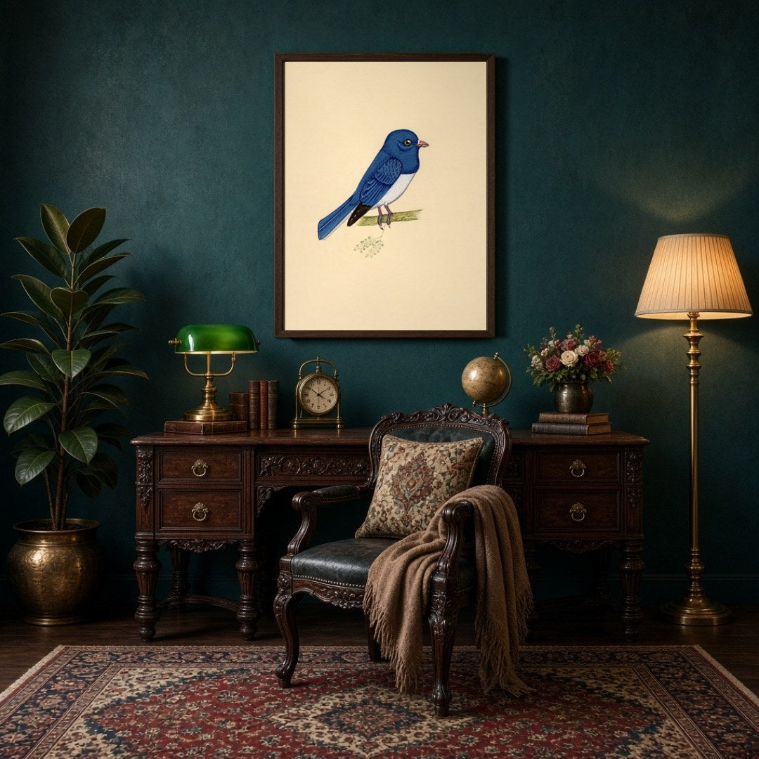 Capture the serene elegance of this Indian miniature art depicting a blue bird perched gracefully for Study