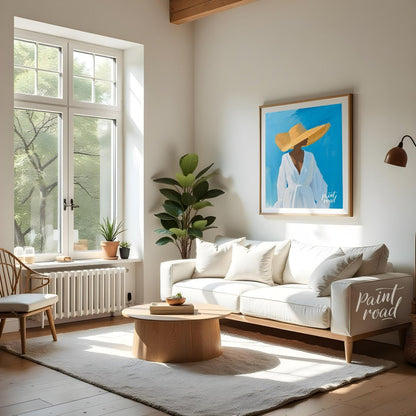 This evocative artwork features a person in profile, their face mostly obscured by a dramatically w… for living room