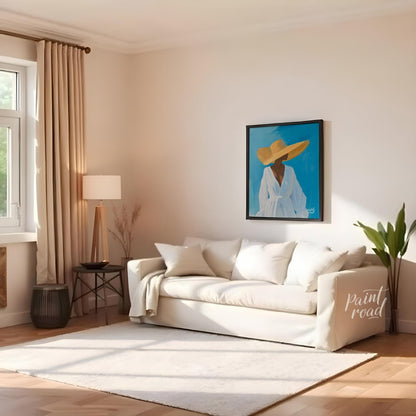 This evocative artwork features a person in profile, their face mostly obscured by a dramatically w… for living room