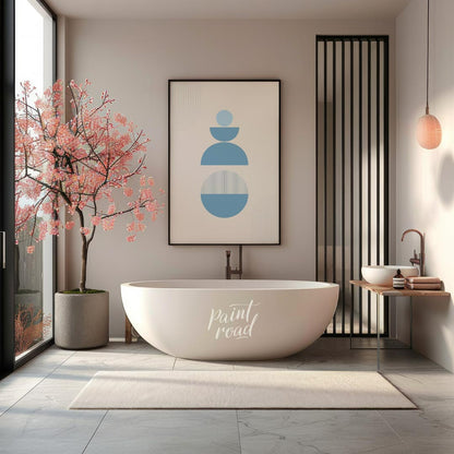Balanced Calm is a minimalist poster featuring geometric forms in cool blue tones, designed to evok… for bathroom