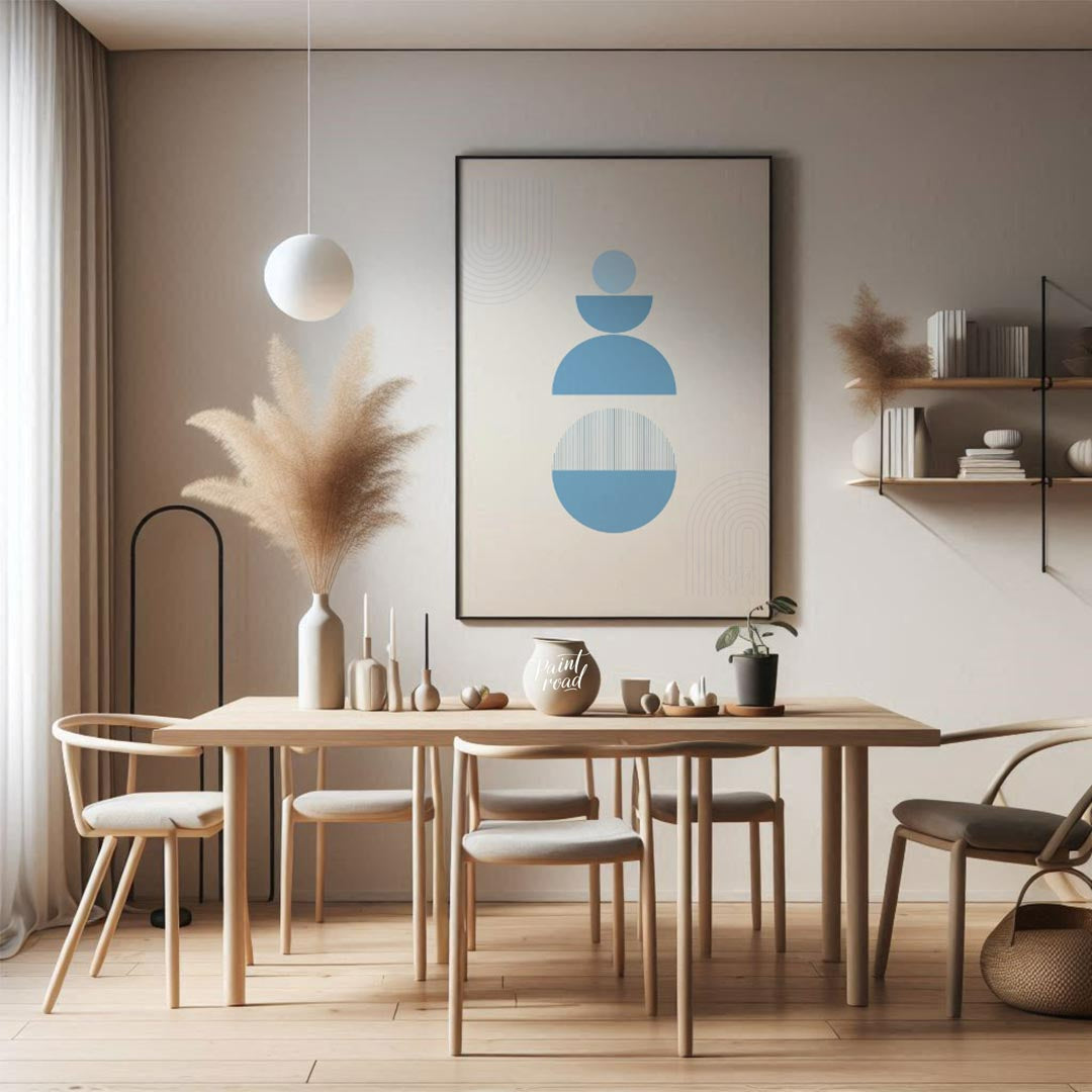 Balanced Calm is a minimalist poster featuring geometric forms in cool blue tones, designed to evok… for dining room