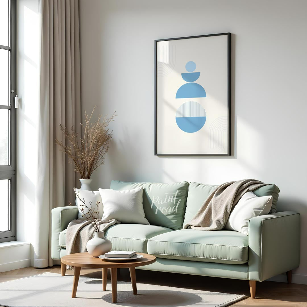 Balanced Calm is a minimalist poster featuring geometric forms in cool blue tones, designed to evok… for living room