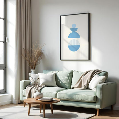 Balanced Calm is a minimalist poster featuring geometric forms in cool blue tones, designed to evok… for living room