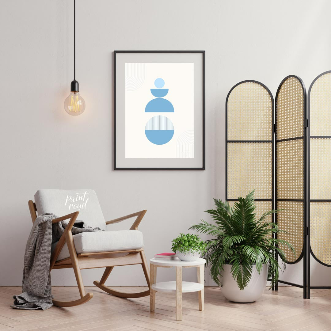 Balanced Calm is a minimalist poster featuring geometric forms in cool blue tones, designed to evok… for living room