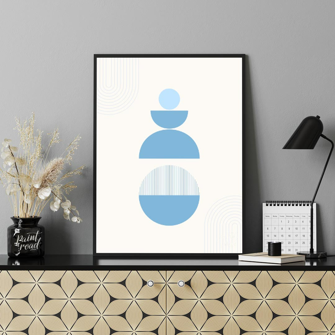 Balanced Calm is a minimalist poster featuring geometric forms in cool blue tones, designed to evok… for office