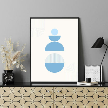 Balanced Calm is a minimalist poster featuring geometric forms in cool blue tones, designed to evok… for office