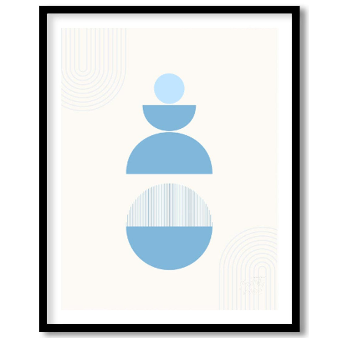 Balanced Calm is a minimalist poster featuring geometric forms in cool blue tones, designed to evok… for space