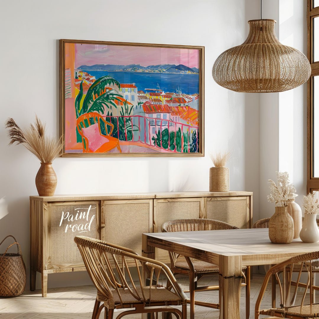 This vibrant painting captures a stunning coastal scene from a charming balcony. The artist employs… for dining room