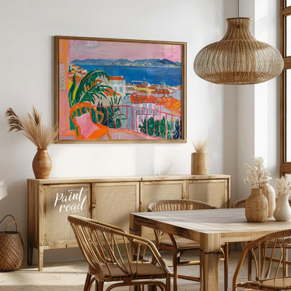 This vibrant painting captures a stunning coastal scene from a charming balcony. The artist employs… for dining room