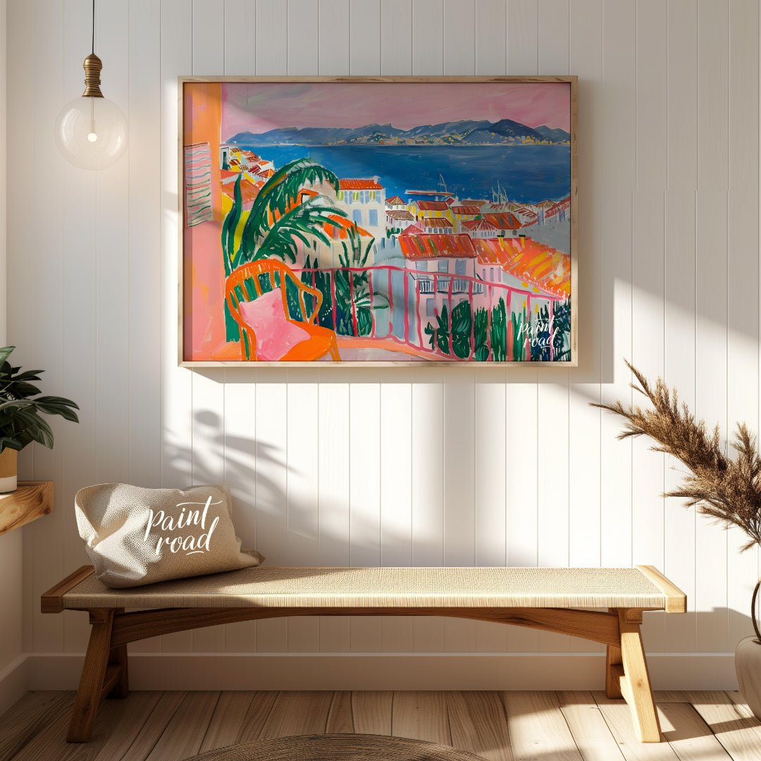 This vibrant painting captures a stunning coastal scene from a charming balcony. The artist employs… for entryway