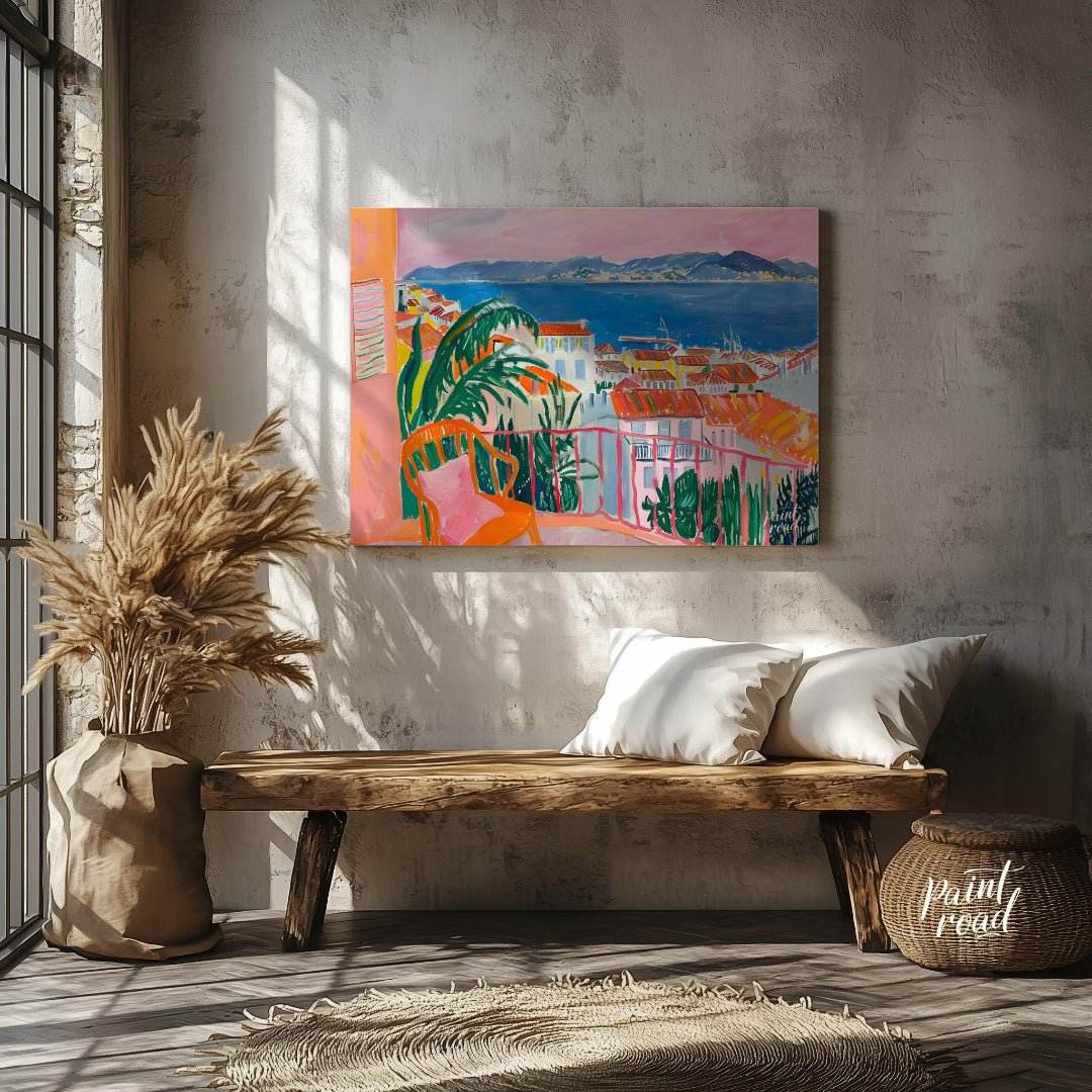 This vibrant painting captures a stunning coastal scene from a charming balcony. The artist employs… for entryway