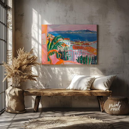 This vibrant painting captures a stunning coastal scene from a charming balcony. The artist employs… for entryway
