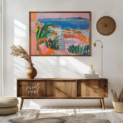This vibrant painting captures a stunning coastal scene from a charming balcony. The artist employs… for living room