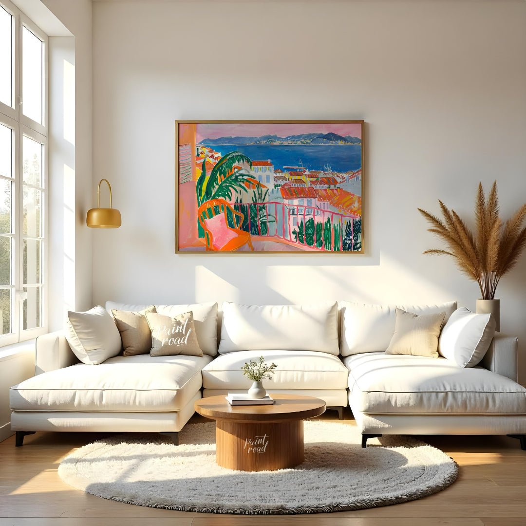 This vibrant painting captures a stunning coastal scene from a charming balcony. The artist employs… for living room