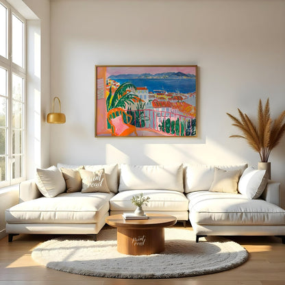 This vibrant painting captures a stunning coastal scene from a charming balcony. The artist employs… for living room