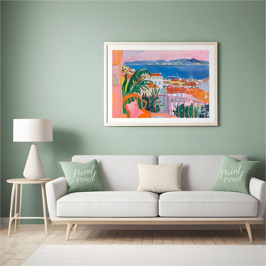 This vibrant painting captures a stunning coastal scene from a charming balcony. The artist employs… for living room