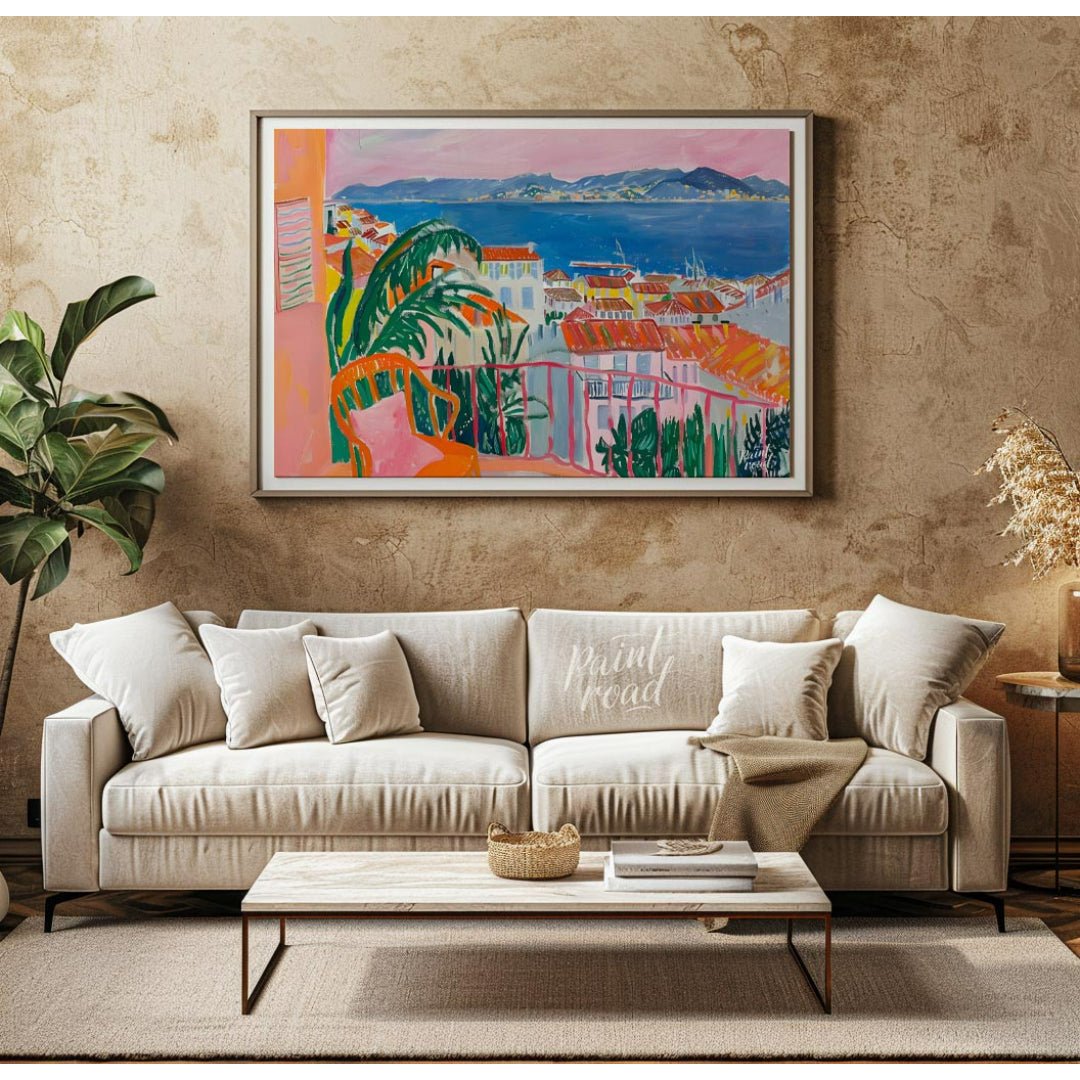 This vibrant painting captures a stunning coastal scene from a charming balcony. The artist employs… for living room