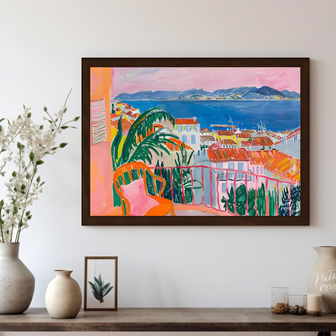 This vibrant painting captures a stunning coastal scene from a charming balcony. The artist employs… for living room