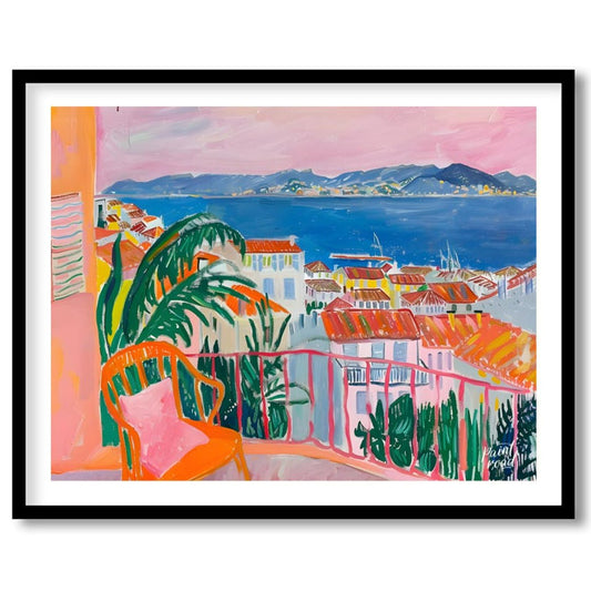This vibrant painting captures a stunning coastal scene from a charming balcony. The artist employs… for place