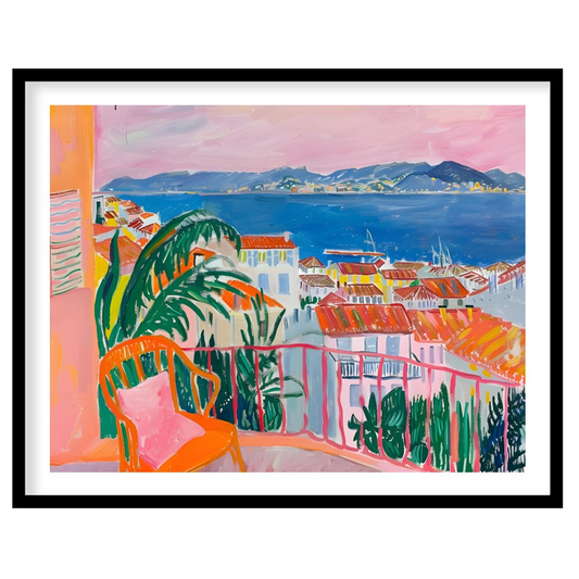 This vibrant painting captures a stunning coastal scene from a charming balcony. The artist employs… for place