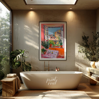This vibrant art captures a sun-drenched scene overlooking the rooftops of Nice, France. A vibrant … for bathroom