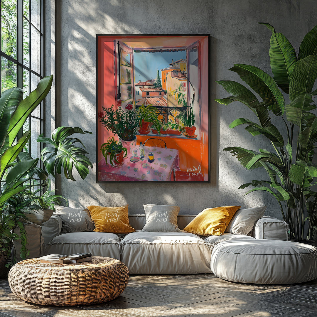 This vibrant art captures a sun-drenched scene overlooking the rooftops of Nice, France. A vibrant … for living room