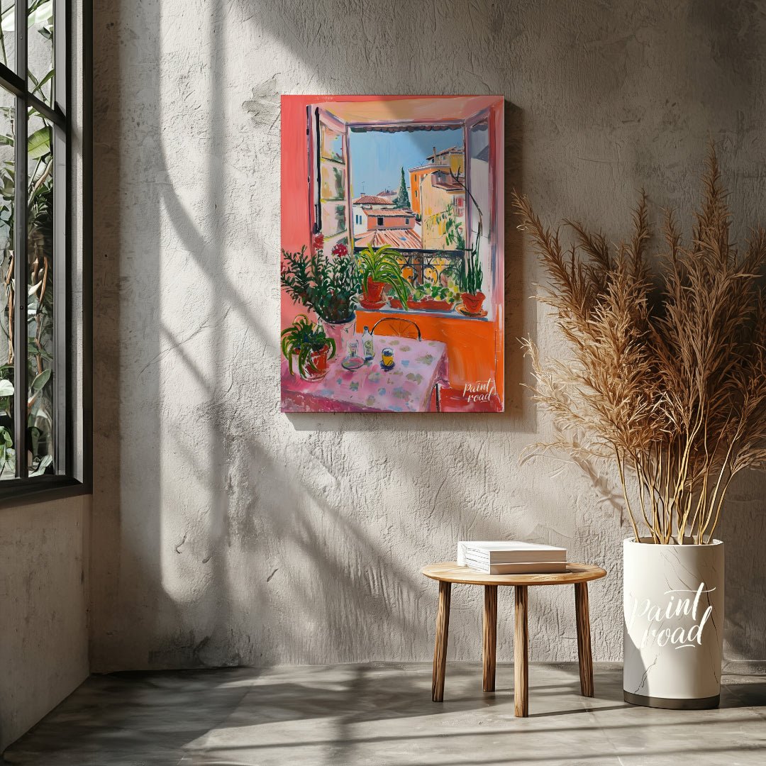 This vibrant art captures a sun-drenched scene overlooking the rooftops of Nice, France. A vibrant … for living room