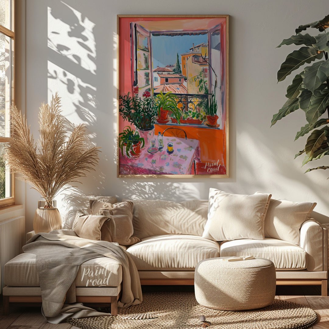 This vibrant art captures a sun-drenched scene overlooking the rooftops of Nice, France. A vibrant … for living room