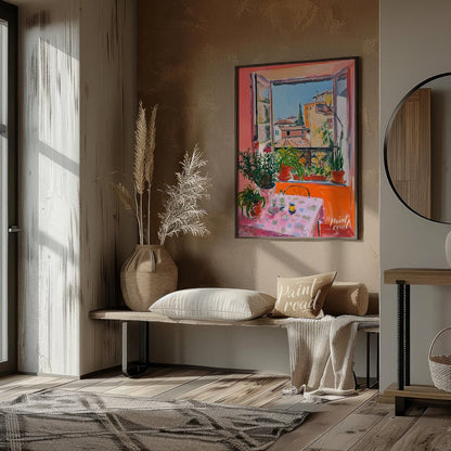 This vibrant art captures a sun-drenched scene overlooking the rooftops of Nice, France. A vibrant … for living room