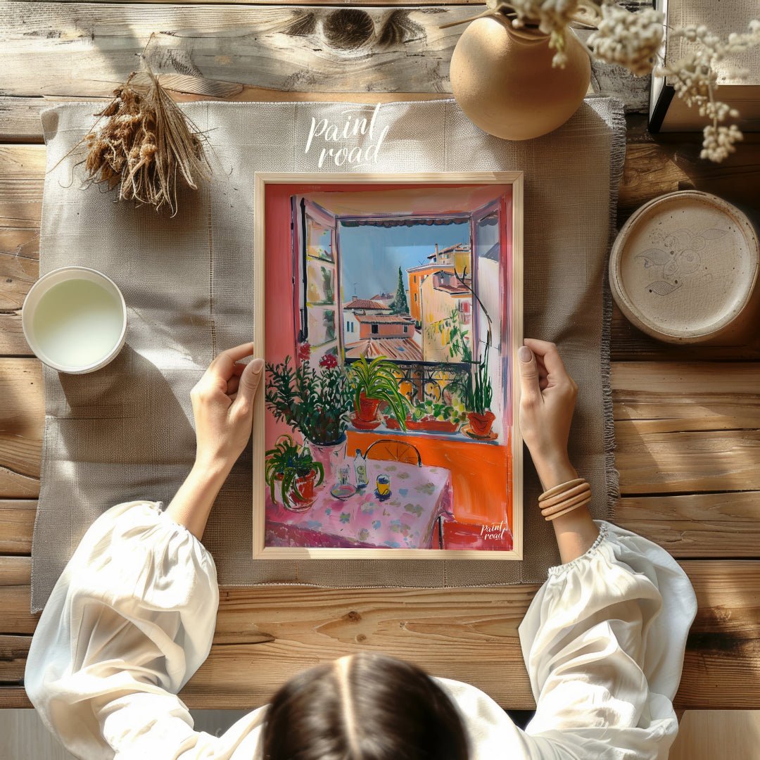 This vibrant art captures a sun-drenched scene overlooking the rooftops of Nice, France. A vibrant … for other
