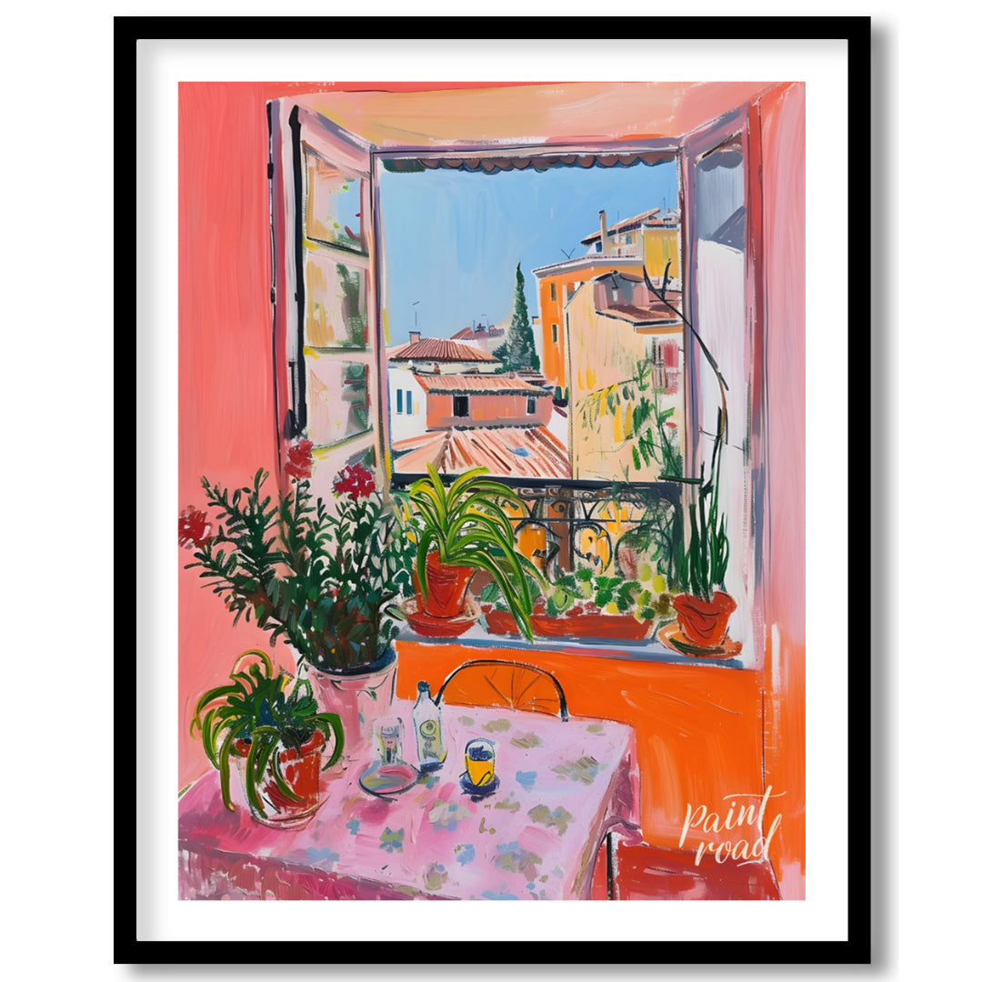 This vibrant art captures a sun-drenched scene overlooking the rooftops of Nice, France. A vibrant … for place