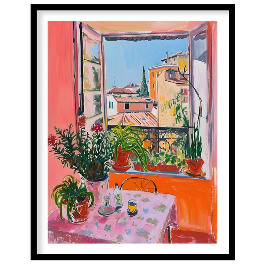 This vibrant art captures a sun-drenched scene overlooking the rooftops of Nice, France. A vibrant … for place