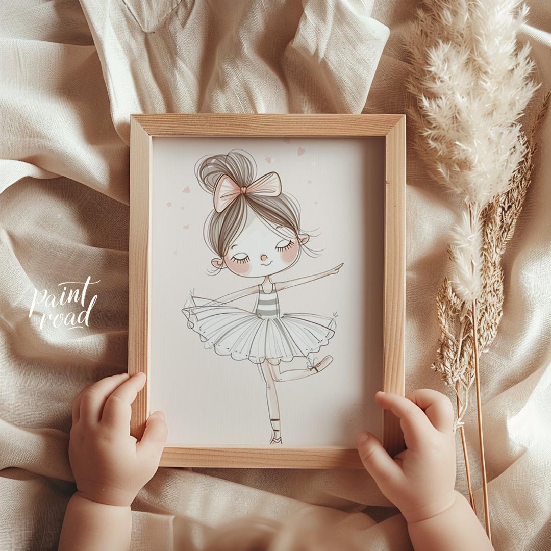 This enchanting poster features a charming illustration of a little ballerina gracefully poised in … for nursery