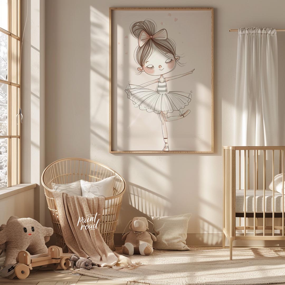 This enchanting poster features a charming illustration of a little ballerina gracefully poised in … for nursery
