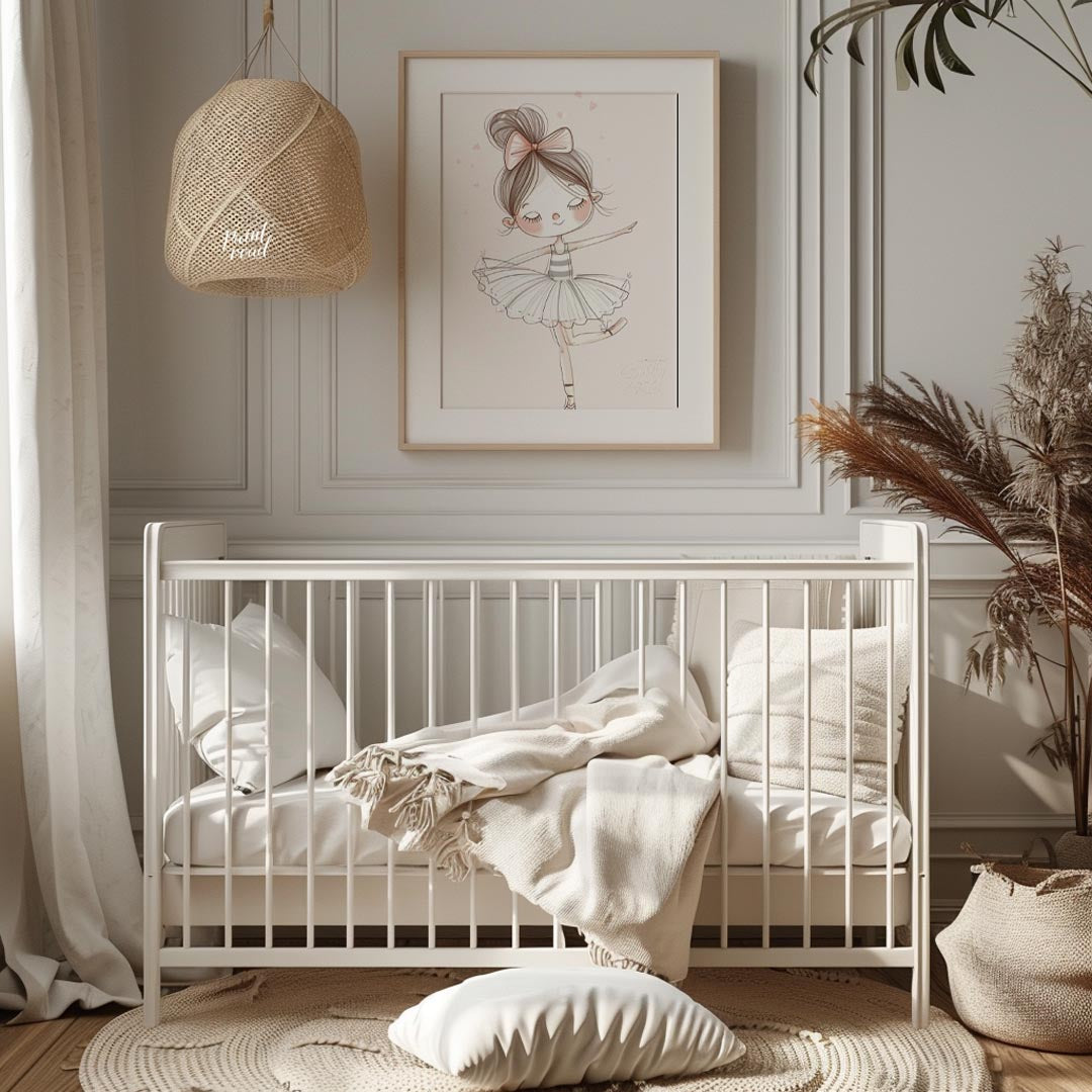 This enchanting poster features a charming illustration of a little ballerina gracefully poised in … for nursery