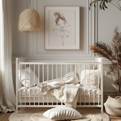 This enchanting poster features a charming illustration of a little ballerina gracefully poised in … for nursery