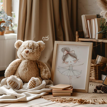 This enchanting poster features a charming illustration of a little ballerina gracefully poised in … for nursery