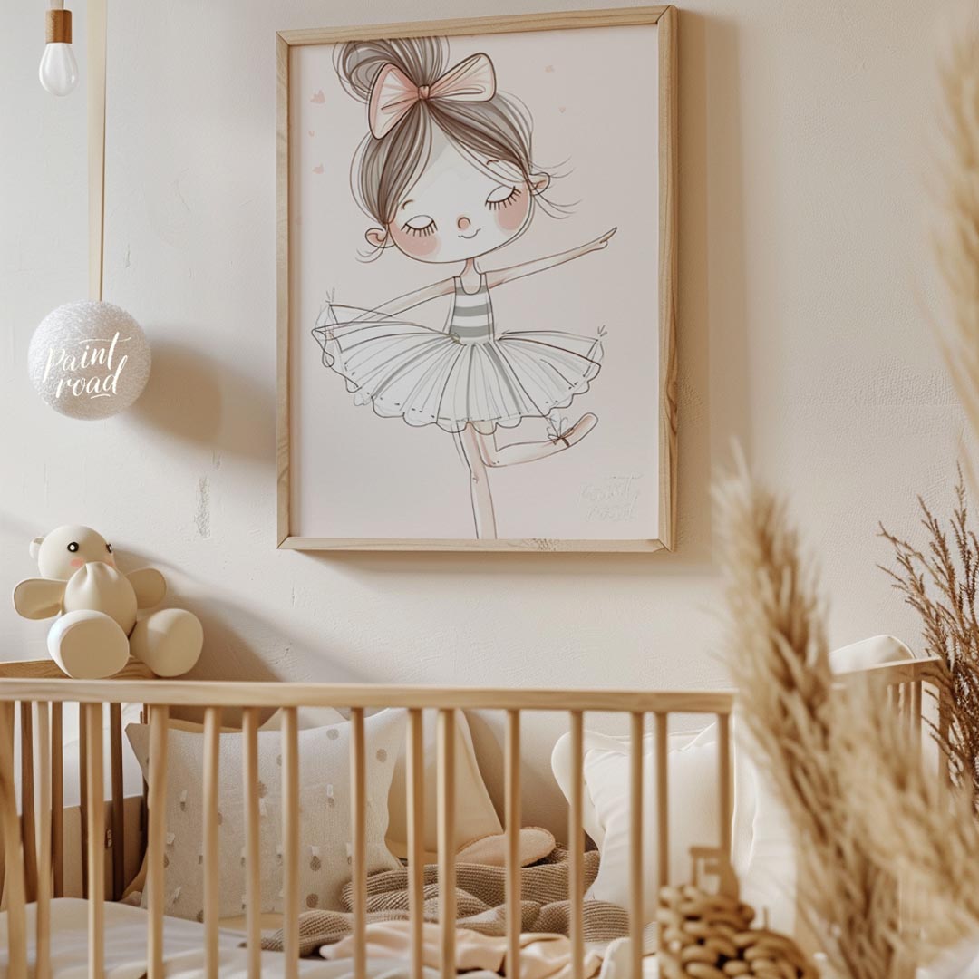 This enchanting poster features a charming illustration of a little ballerina gracefully poised in … for nursery