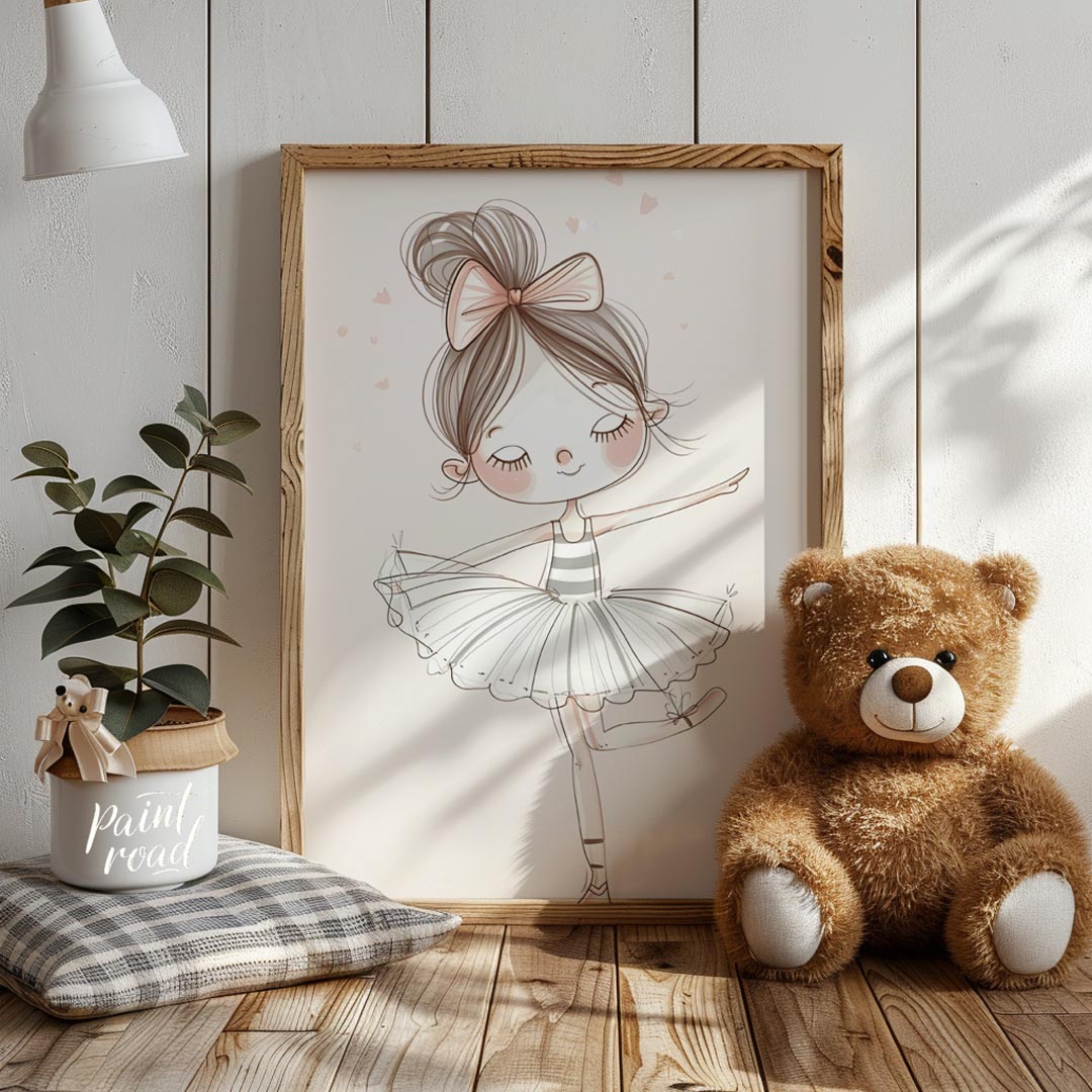 This enchanting poster features a charming illustration of a little ballerina gracefully poised in … for nursery