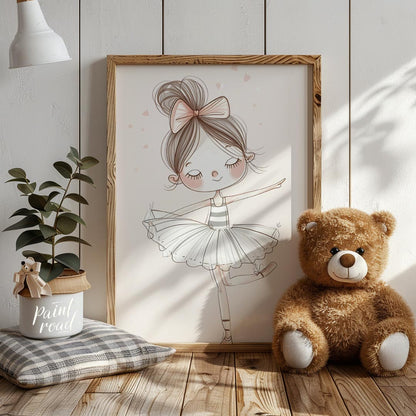 This enchanting poster features a charming illustration of a little ballerina gracefully poised in … for nursery
