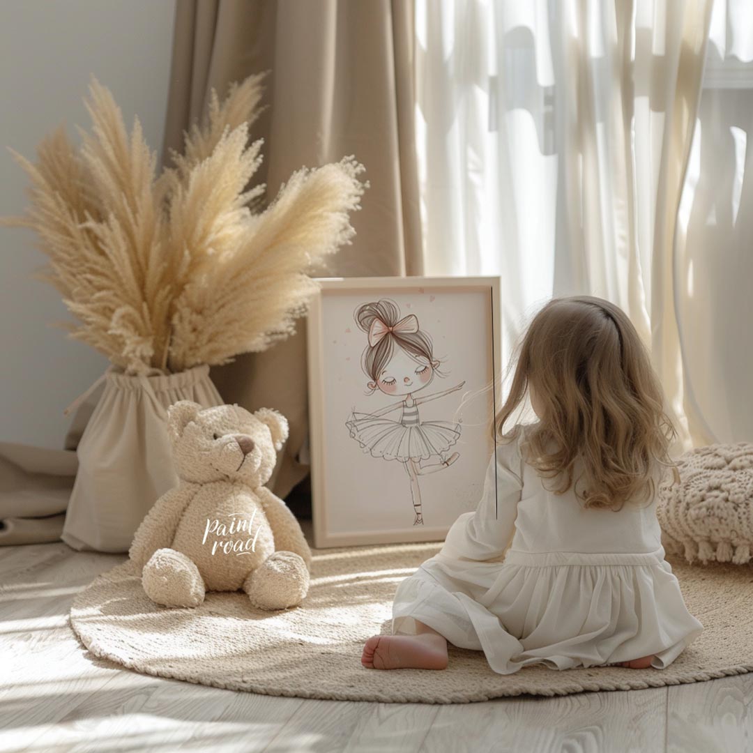 This enchanting poster features a charming illustration of a little ballerina gracefully poised in … for nursery