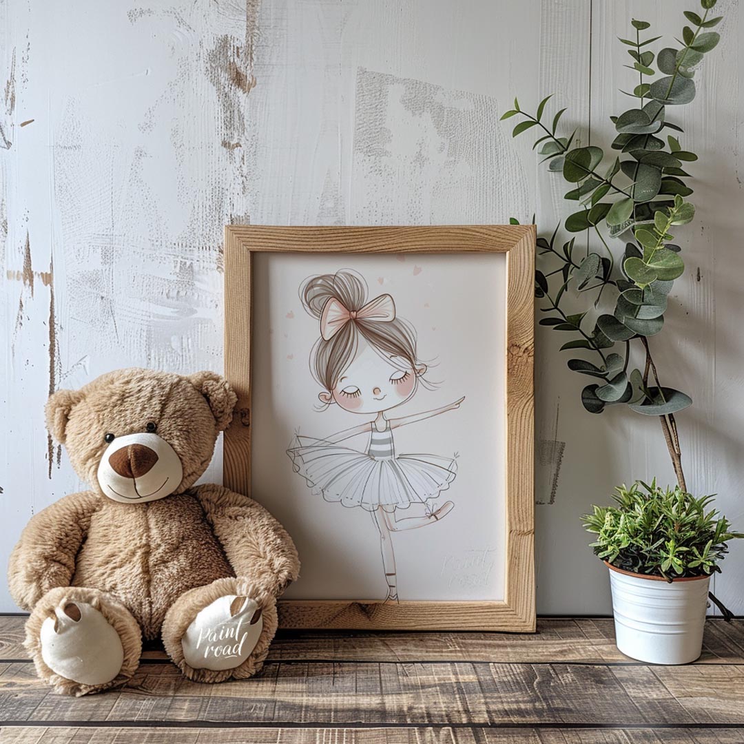 This enchanting poster features a charming illustration of a little ballerina gracefully poised in … for nursery