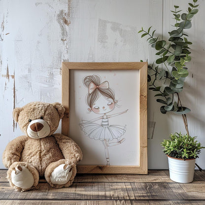 This enchanting poster features a charming illustration of a little ballerina gracefully poised in … for nursery