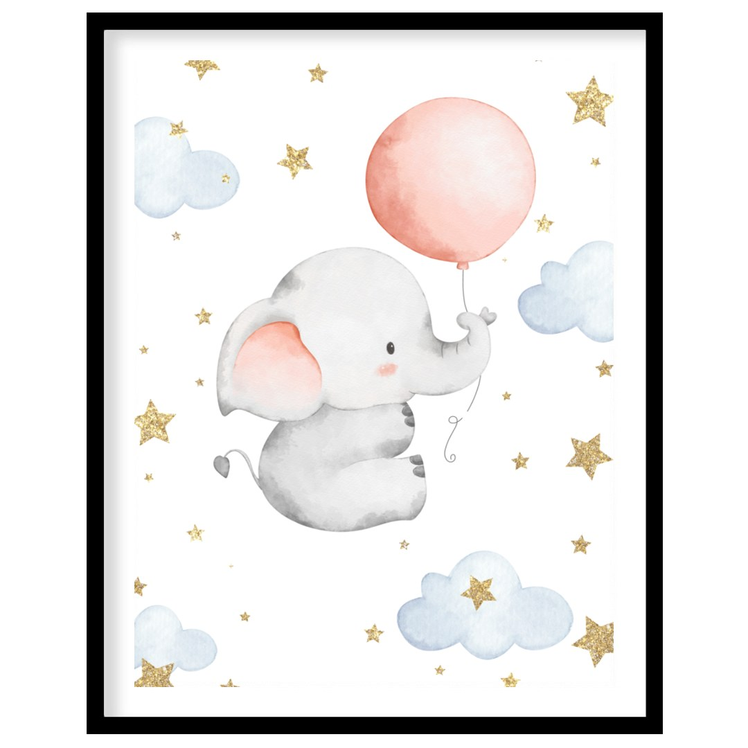 This gentle watercolor illustration features an adorable baby elephant with soft gray fur and rosy … for area