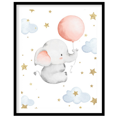 This gentle watercolor illustration features an adorable baby elephant with soft gray fur and rosy … for area