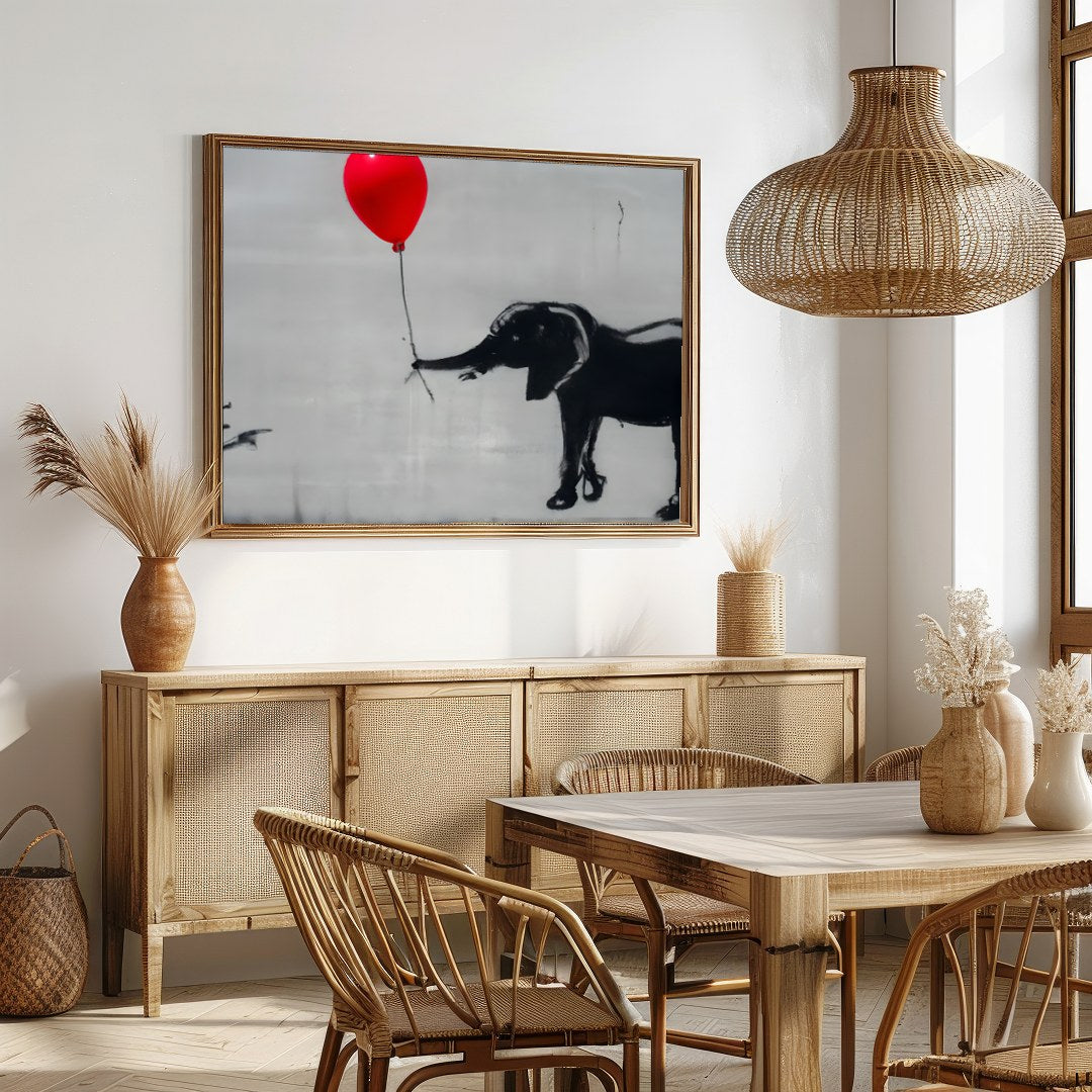 This captivating artwork features a playful monochrome elephant juxtaposed with a striking red for Dining