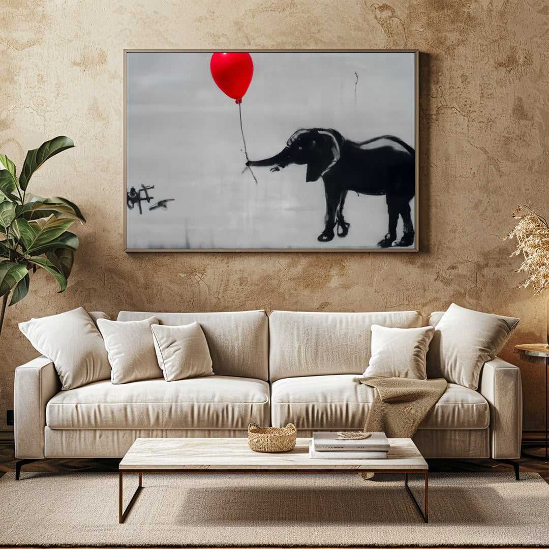 This captivating artwork features a playful monochrome elephant juxtaposed with a striking red for Family Room