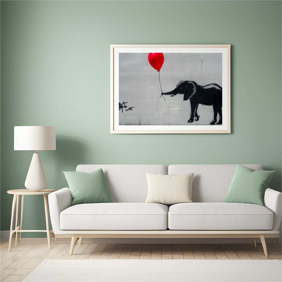 This captivating artwork features a playful monochrome elephant juxtaposed with a striking red for Hall
