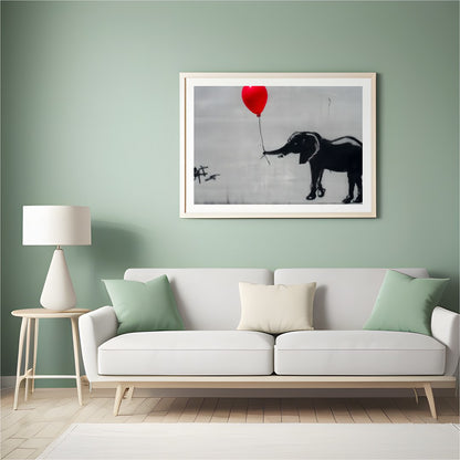 This captivating artwork features a playful monochrome elephant juxtaposed with a striking red for Hall