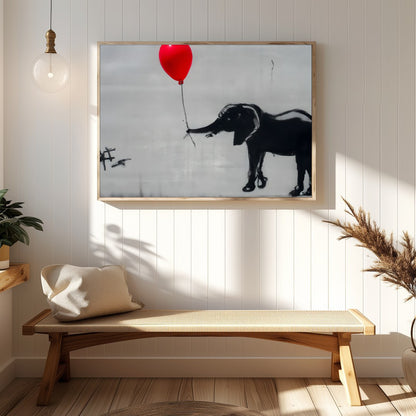This captivating artwork features a playful monochrome elephant juxtaposed with a striking red for Hallway